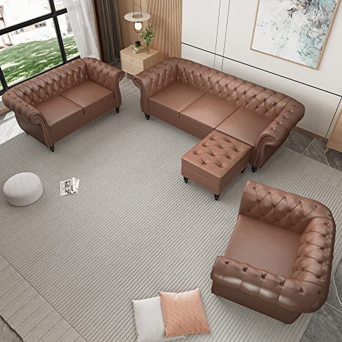 Nosga Large Sofa Pu, Modern Couch Furniture Sofa Classic Tufted Chesterfield Settee Sofa Tufted Back For Living Room, (Dark Brown 1+2+3) #TOP1