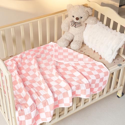 Image of Ultra Soft Cozy Cotton 6-Layer Muslin Baby Blanket 41 inch x41 inch Breathable Lightweight Pink Checkered Swaddle Blanket for Baby Girls Essentials Birthday Gifts All Seasons Both Sides