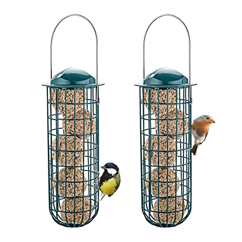 iBorn Meisenknödelhalter Metaal Vogelfutterhaus für wildvögel Fatball Vogelfütterer Vogelfutterspender Futterhaus Kugel-Fett Futterstation Wildvögel Futterstationen, Grün, Packung mit 2 Stück Cover