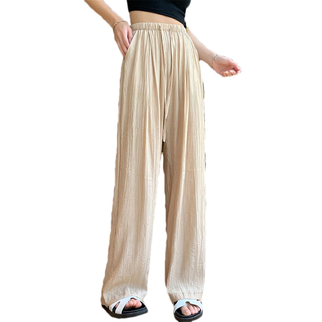 Pulcykp Pleated Elastic Waist Casual Trousers Women High Waist Straight Leg Wide Leg Dragging Pants