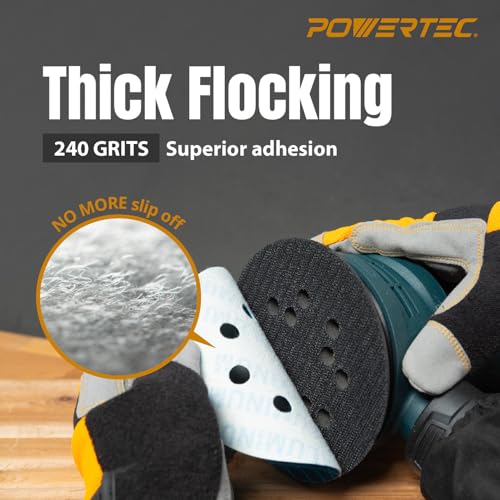 Image of POWERTEC 5 Inch 8-Hole Hook and Loop Diamond Shaped Sanding Discs, 50PK, 240 Grit for Random Orbital Sanders - J-Weight Cloth Backing for Long Life, Anti-Clog Sandpaper (44924)
