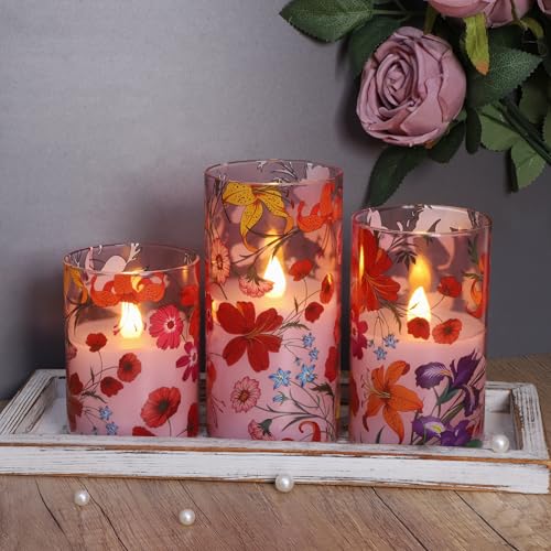 Image of Pink Glass Flameless Candles with Remote Boho Wildflower Flickering LED Pillar Candle Real Wax Battery Operated Candle Summer Decor for Home Party Valentine's Day Romantic Night, 3 Pack
