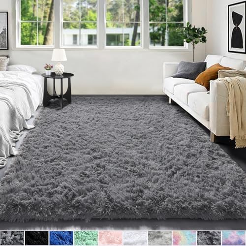 Amazon.com: HOUSERAN Shag Area Rug 6’x6' Tie Dyed Grey, Plush Fluffy ...