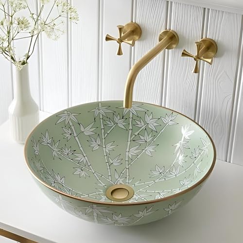 Image of BASSINO 16x16x5 Inches Designer Ceramic Table Top Wash Basin /Green Bamboo Floral Art Bowl Sink with Golden Edge for Bathroom /Handcrafted Round Countertop Washbasin for Office /Hotel(Glossy)