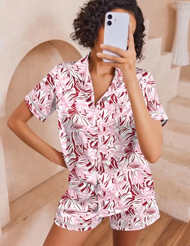 Image of Ekouaer Womens Silk Pajama Sets Button Up Satin Pjs Short Sleeve 2 Piece Pj Sets Cute Lounge Sets with Chest Pocket