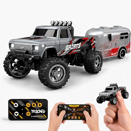 EXVQMU 1:64 Scale Mini Remote Control Monster Truck with Trailer | 2.4GHz & App Dual Control, Alloy...