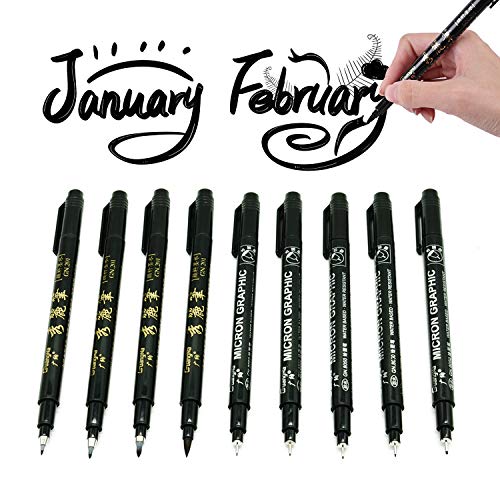 Juego de bolígrafos de caligrafía y bolígrafos de punta fina, diseño de mano de Hirsrian, para escritura de principiantes, firma, ilustración, diseño y dibujo, 9 tamaños