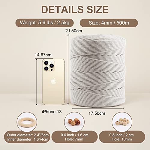 Image of ZUEXT Macrame Cord, Beige White, 4mm x 547yds Cotton String Macrame Yarn | Natural Handmade, 4 Strands Twisted Cotton Rope, for Craft Wall Hanging Weaving Tapestry Dream Catchers Hanger DIY Gift, 500m