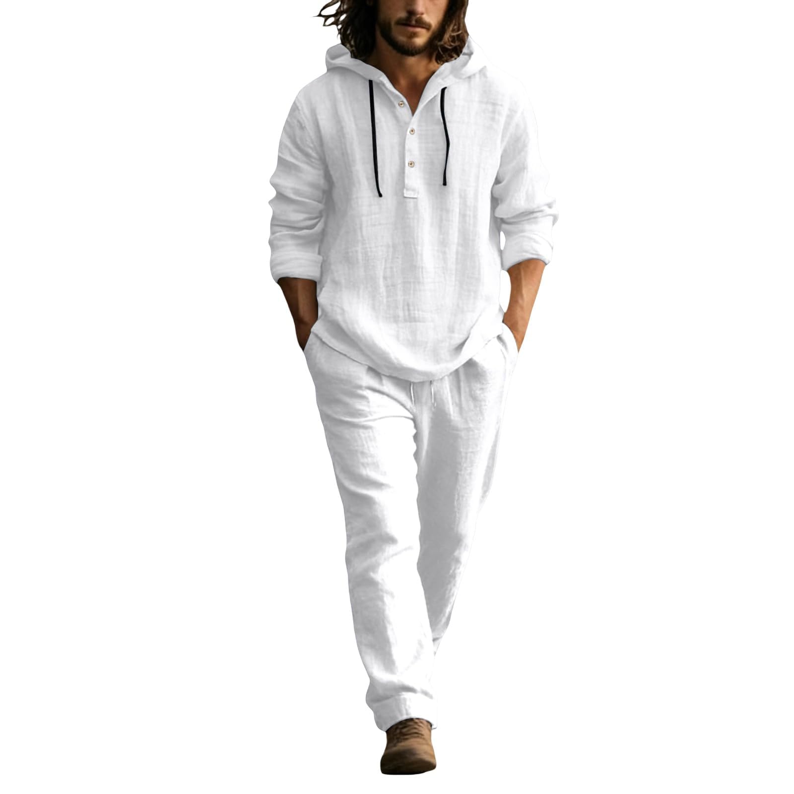 Genérico Traje Lino Hombre Verano Conjunto 2 Piezas Algodon, Camisa Casual y Pantalones Holgados Cordon, Atuendo Vintage Transpirable Comodo para Playa Fiesta Deportes Ocio y Trabajo Diario