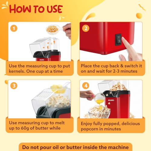 Image of AGARO Delite Electric Popcorn Maker, 1200W Hot Air Popper, Oil-Free Healthy Snacks for Kids in 2 Minutes, 90% Popping Rate, Measuring Cup Included, Family Party, 1 Year Replaceable Warranty