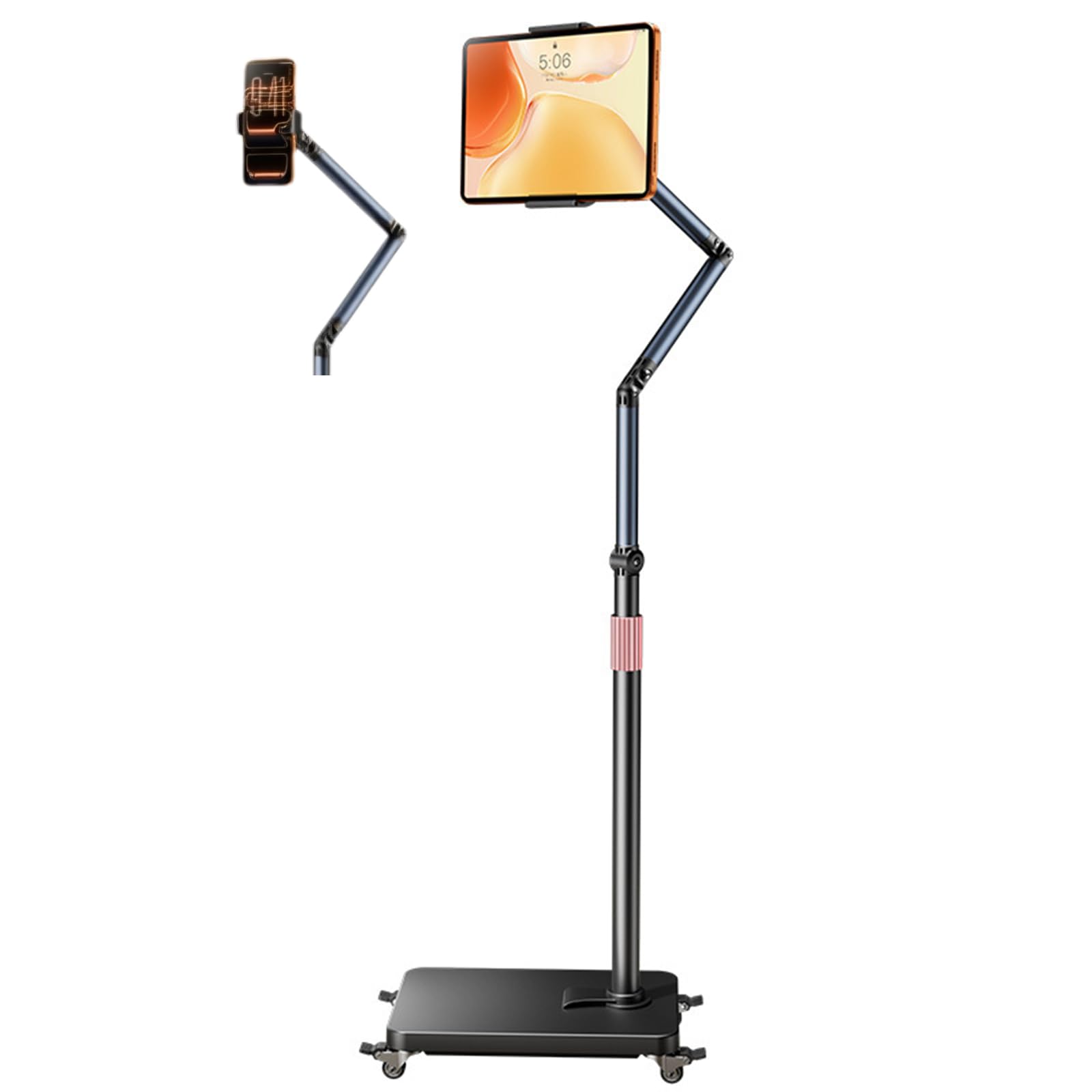 Soporte de Piso para Tableta, Soporte para Tablet con Brazo Ajustable de 720° con Patines con Freno de Pie de 360°, Chasis Reforzado, Soporte para Teléfono con Brazo Mecánico de 3 Secciones para Table