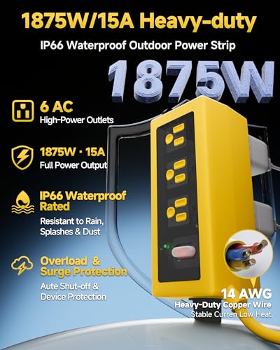 Image of Outdoor Extension Cord, 6 Wide Outlets, 1875W /15A, 15FT 14AWG Heavy Duty SJTW Power Strip with Surge Protector, All-Weather & IP66 Fully Waterproof, Ideal for Patio, Garden, Pool, RV, Yellow