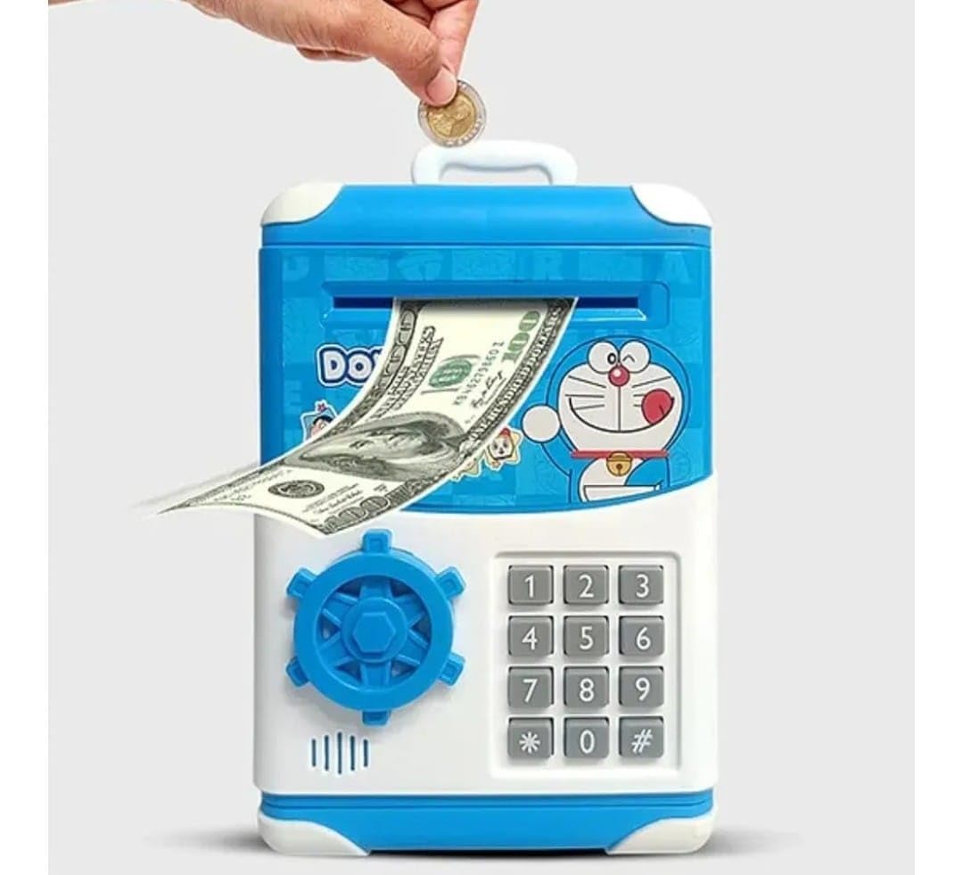 Doraemon Electronic Piggy Bank ATM, Kids Coin and Cash Saving Box with Password Keypad, Blue-image-35