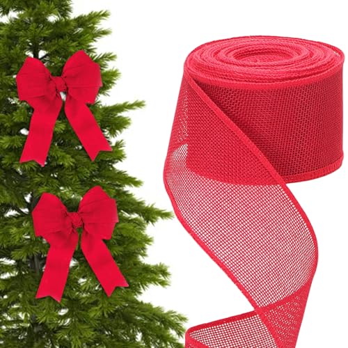 Nastro di iuta con filo, rosso, largo per regali, per fai da te, in tela cerata a quadri, decorazione natalizia cablata, per regalo, corona di Natale (6 cm, 10 m)
