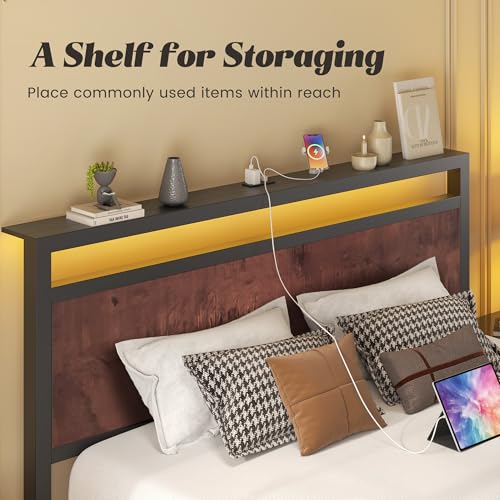 Image of Fluest Full Bed Frame with Headboard & Footboard, Full Bed Frame with Built-in Charging Station & LED Light, Storage Shelf, Noise-Free, No Box Spring Needed, Easy Assembly, Coffee Brown
