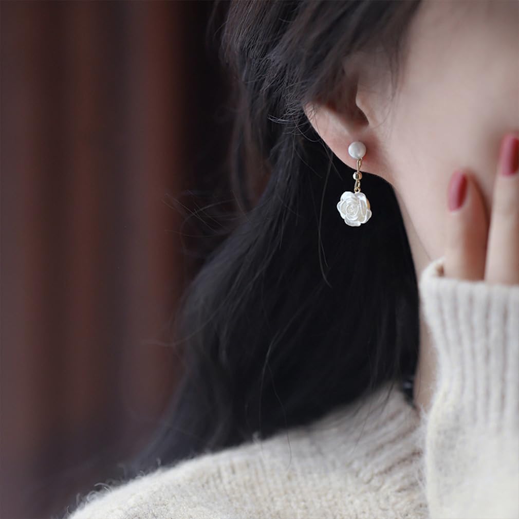 White Pearls Flowers Dangle Earrings for Women Fashion Gold Floral Dangling Earrings Cute Camellia Rose Wedding Prom Statement Jewelry Gifts - Image 4