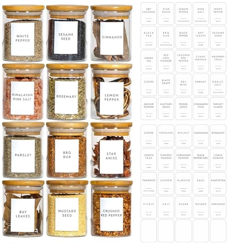 Image of VILON 6oz(220ml) 12-Pack Glass Jars Set, Cylinder Spice Jars with Bamboo Lids and Labels, Food Storage Container Canisters for Home Kitchen, Spice, Herbs, Seasoning, Seed, Tea, Sugar, Salt