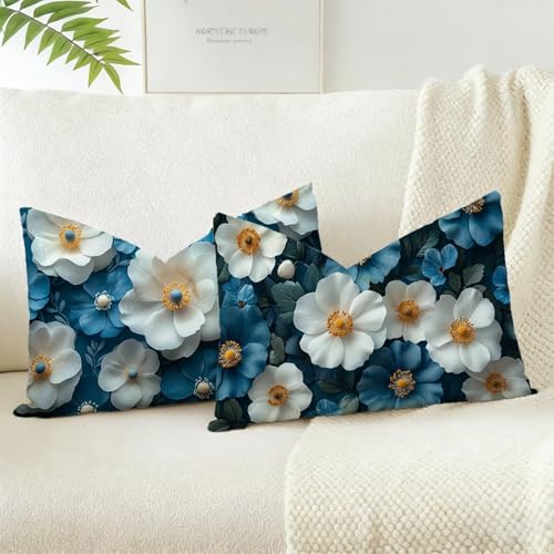 Fundas de Cojín 50x70 cm Juego de 2, Azul Cojines Exterior Jardin Decorativas Impermeables Exterior Estilo Lino Diseño de Funda Cojin, para Sofá Terraza Jardín Salón Dormitorio Regalos, Flor D-919