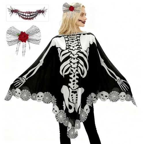XEPST Poncho Squelette d'Halloween pour Femme - Déguisement du Jour des Morts avec Cape Squelette Noire, Pince à Cheveux, Tatouage de Bouche, Autocollants...