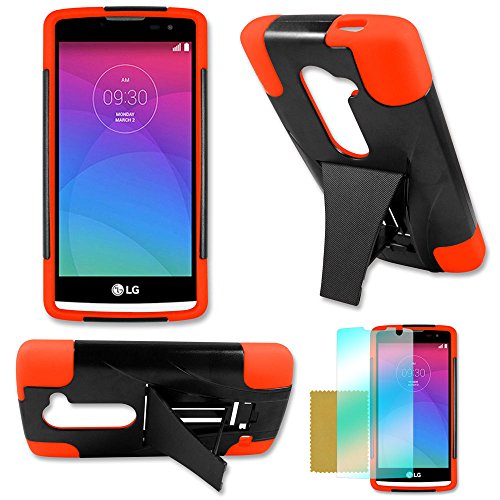 FastSun Screen Protector + Armor Rugged Hybrid Hard T-Stand Dual Case Cover for LG Leon C40 (Black-Orange)