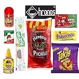 Chamoy Pickle Kit by CHRONOS 9 Piece Kit includes Jumbo Ricos Chamoy pickle, Skwinkles Watermelon Flavor, Lucas Gusano (tamarind), Lucas Polvos (chamoy), Tajin Packet, Two Fruit Roll Up, Tamarind Pulp Candy,Takis Fuego and Chronos Magnet