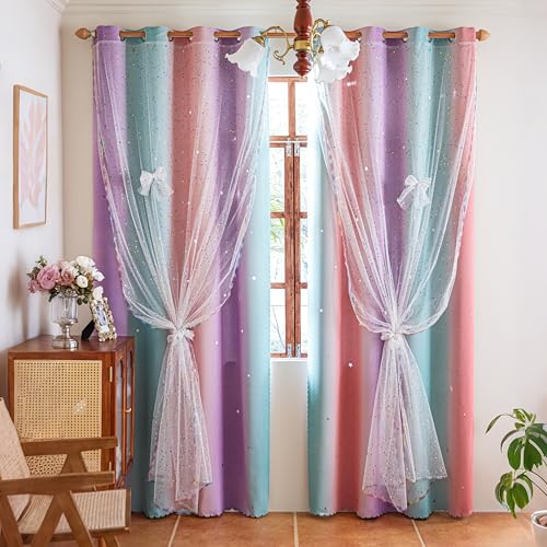 Image of 52x45 2-in-1 Double-Layer Kids & Girls Unicorn Princess Ombre Blackout Curtains with Foil Print Sheer, 2 Panels Set - Purple Green Pink