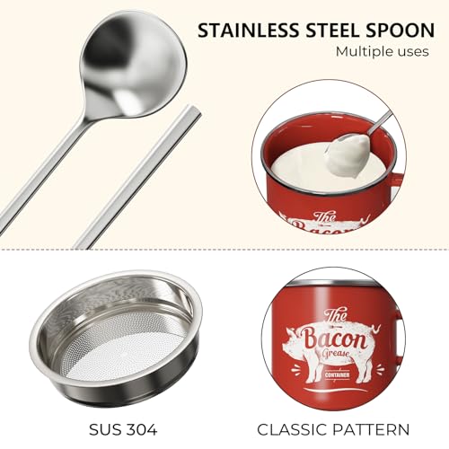 PGYARD Mini Bacon Grease Container With Strainer - 15OZ Enamel Grease Saver, Farmhouse Bacon Grease Keeper For Kitchen Fat Storage, Dishwasher Safe-Red