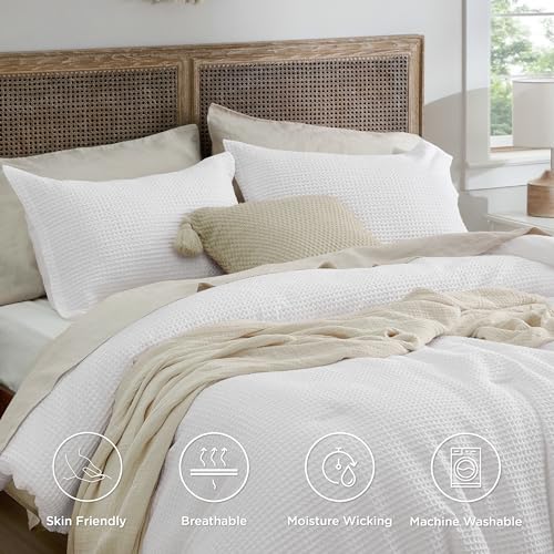 Image of Bedsure Waffle Comforter Set Queen, White Soft Bedding, Waffle Weave Bed Set, 3 Pieces, 1 Comforter (90 inchx90 inch) and 2 Pillow Shams, Cotton Shell and Polyester Lining for All Seasons