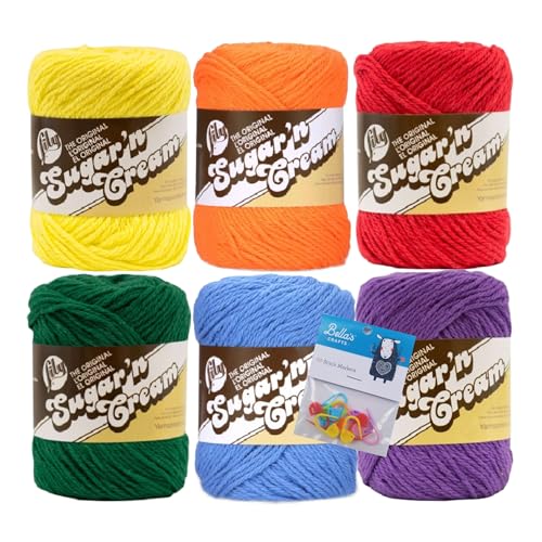 Image of Lily Sugar'n Cream 100% Cotton Yarn 6-Pack Bundle with Bella's Crafts Stitch Markers (Rainbow)