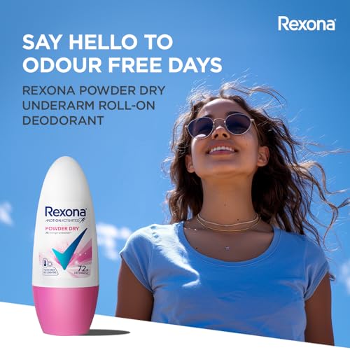 Image of Rexona Powder Dry Roll-On Motion Activated Deodorant for Women | 72-Hour Freshness | MotionSense Technology | Alcohol-Free & Gentle on Skin | 45 ML