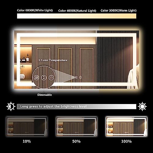 Image of 72x36 Inch LED Bathroom Mirror with Lights Front and Backlit Lighted Vanity Mirror for Bathroom Wall with 3 Colors Dimmable Anti-Fog Memory Shatter-Proof IP54 Waterproof Horizontal /Vertical