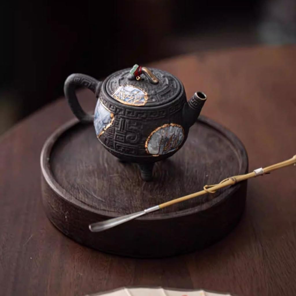 ENGENDER Tetera Hierro Fundido Tetera Retro De Gres Negro Dorado Tres Patas For El Hogar, Juego Té Kung Fu con Filtro Juego de Te