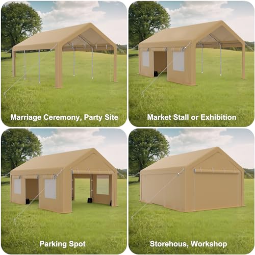 Heavy Duty Carport, Portable Garage with 4 Doors & 4 Window,Upgraded Carport with Reinforced Steel Poles, Uv Resistant All-Season Waterproof Tarp, for Car, Truck, Boat