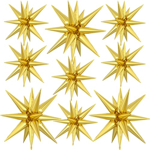 9Pcs Gold Star Balloons Large Explosion Star Foil Balloons Metallic Gold Mylar Spike Balloon for Birthday Wedding Anniversary New Year Christmas Graduation Party 3 Pcs 27Inch & 6 Pcs 22Inch
