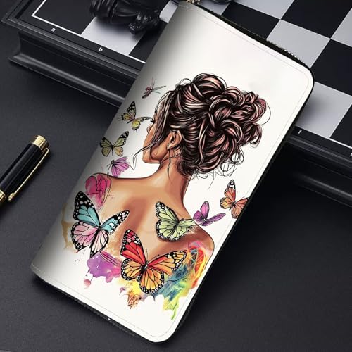 Image of RFID Blocking Leather Wallet for Women - Large Capacity Zip Around Clutch with 8 Card Slots,28 Cash Pockets & Coin Zipper,Butterfly Girl Watercolor Art