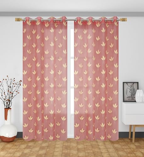 Image of IVAZA Polyester Semi-Transparent Leaf Embroidered Curtain ? Sheer Voile Panel with Eyelets ? Lightweight & Airy ? Ideal for Living Room, Bedroom, Balcony Long Door- 9 Feet (Pack of 2) Pink