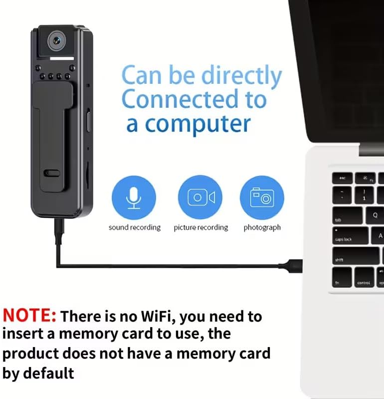 HDView Body Camera connected to a laptop via USB, showing icons for sound recording, picture recording, and photograph functions.