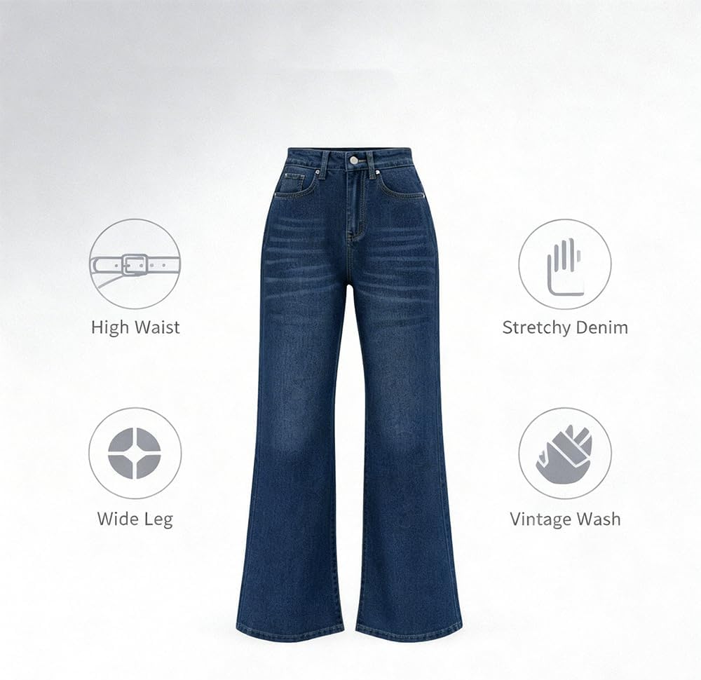Womens Baggy Wide Leg Jeans High Waisted Loose Fit Cotton Blend Denim Pants Boyfriend with Pockets