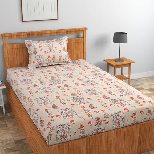 Image of Pure Cotton 220tc Flat Single Bedsheets for Summer Breathable | Wrinklefree (Size-60 X 90 Inch or 228 x 152 cm) with 1 Pillow Covers (Size-17 X 27 Inches, Beige & Green Flower)