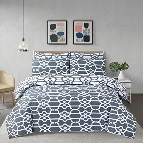 100 Cotton Printed Geometric Design Reverable Quilt Duvet Cover Set Silver Grey & White Bedding
