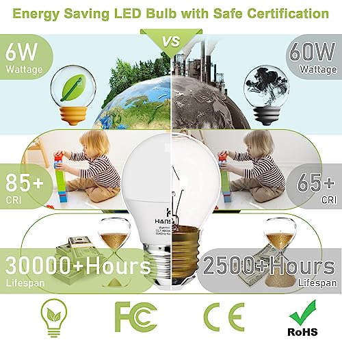 A15 LED Ceiling Fan Light Bulbs, 4000K Natural Daylight, 60W Equivalent, 600lm, 6 Pack