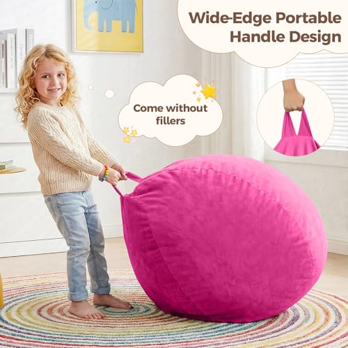 Image of Stuffed Animal Storage Bean Bag Chair Cover for Kids (No Filler), Soft Comfy Velvet Beanbag Chair Cover Machine Washable, Kids Bean Bag Chair with Handle for Living Room Bedroom Dorm, Hot Pink