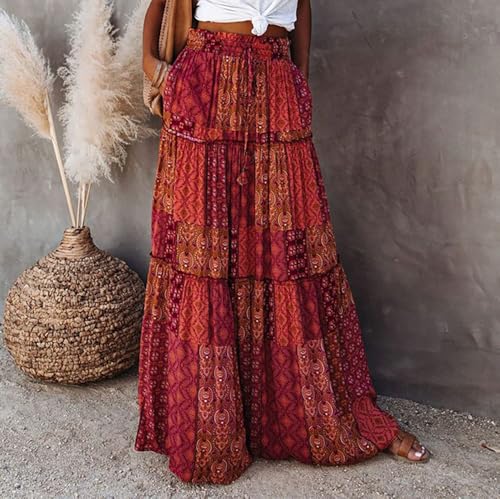 Summer Boho Flowy Long Skirts for Women Trendy Vintage Tiered Print High Waist Ethnic Vacation Beach Maxi Skirt3