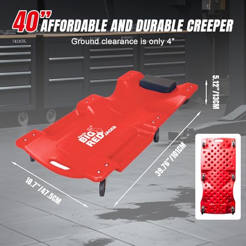 Image of Big RED Plastic Rolling Garage /Shop Creeper: Dual Tool Trays and 6 Casters, Red，40 inch Mechanic Cart with Padded Headrest