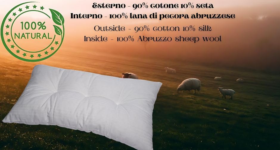 Cuscino Cervicale In Lana Merino Italiana - Basso, Ipoallergenico, Con Federa In Cotone E Seta | Made In Italy