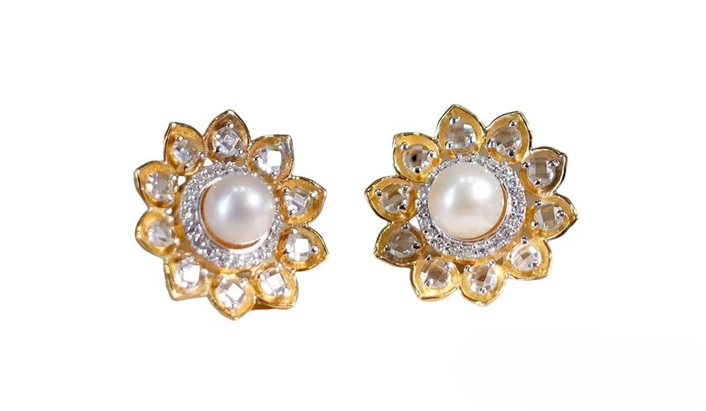 NEK 925 Sterling Silver Women's Floral Ear Studs With Pearls|18K Gold Plated| Rakshabandhan Rakhi gifts for Sister, Bhabhi | Perfect Earring Gifts for Women, Girls & Girlfriend | With Certificate of Authenticity