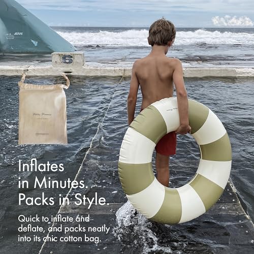 Petites Pommes Float Ring for Kids - Durable Inner Tube, Handprinted Classic Striped Design Striped Pool Float, Soft Comfort Seaming, Packable Floats for Travel, Military Green, 35 inch by Petites Pommes - Image 4