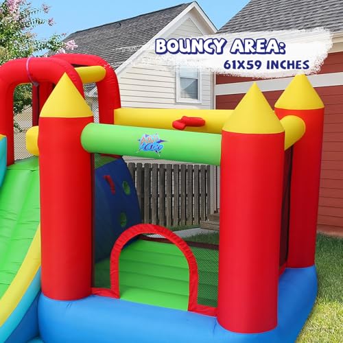 Action Air Inflatable Bounce House with Blower, Big Bouncy Area and Slide, Durable & Extra Thick Bouncy Castle for Kids, Indoor/Outdoor Fun, Easy Setup, Safety Netting & Carrying Bag Included