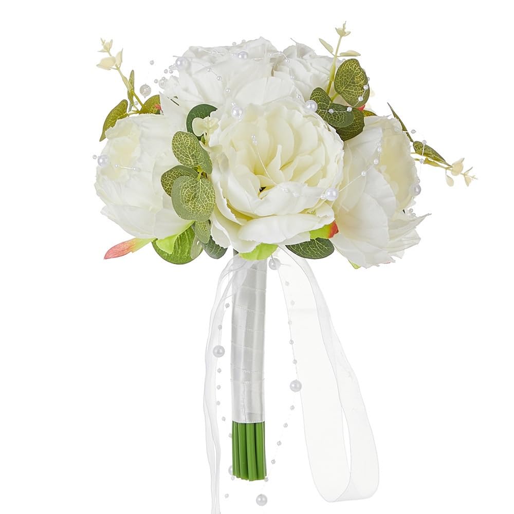 Huffa White Artificial Peony Bouquet For Brides And Bridesmaids - Elegant Wedding Floral Arrangement With Ribbon Accents(White)