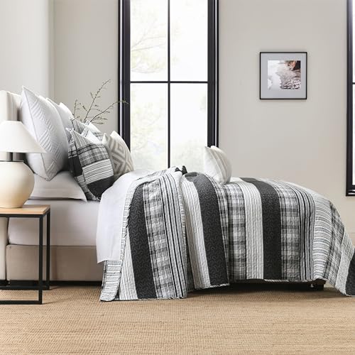 Image of Homzard 100% Cotton Quilt Set,California King 118'' x 106'' Oversized Bedspread Set with 2 Pillow Shams, Black Plaid Striped Oversized Comforter Set, 3 Pieces Farmhouse Coverlet | Breathable